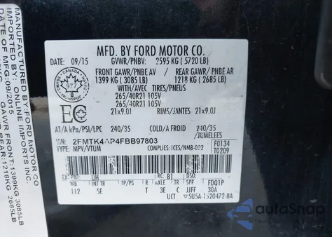 2015 Ford Edge Sport из США, поврежденный, VIN 2FMTK4AP4FBB97803